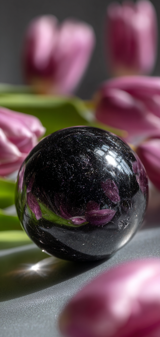 Black Tourmaline Crystal Sphere and Tulips lock screen Wallpaper