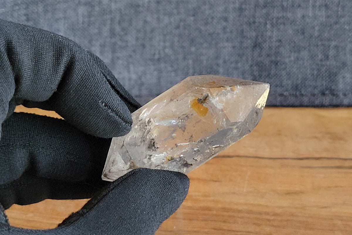 Close-up of rare enhydro crystal with moving water inclusion