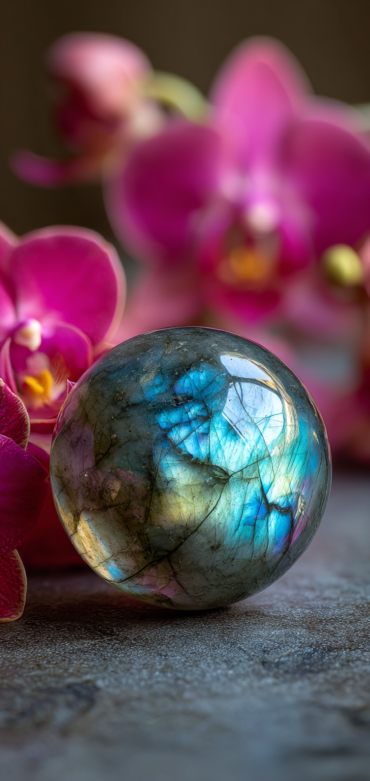 Labradorite Crystal Sphere and Orchids iPhone 16 pro Wallpaper