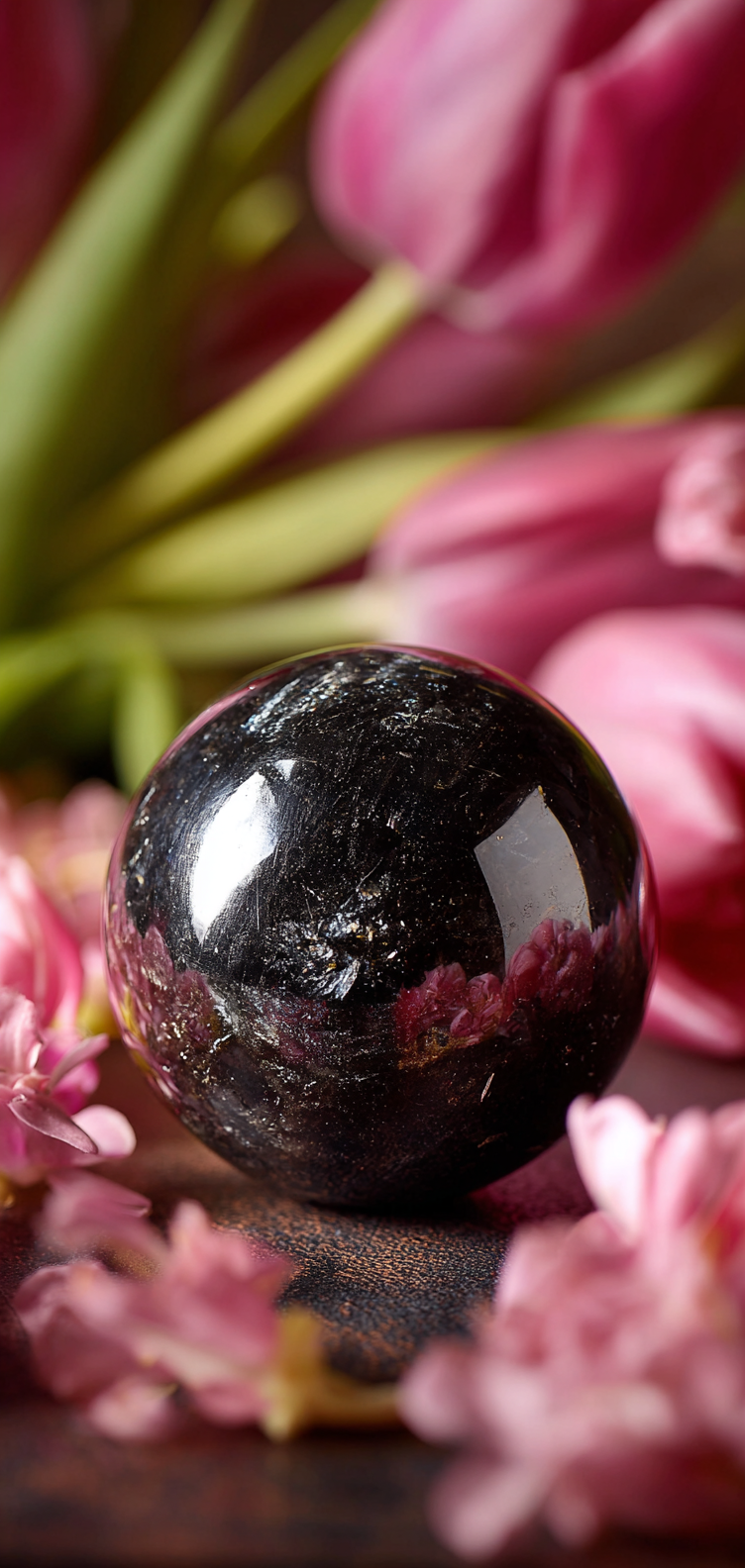 Black Tourmaline Crystal Sphere and Tulips Wallpaper for Samsun Galaxy s25