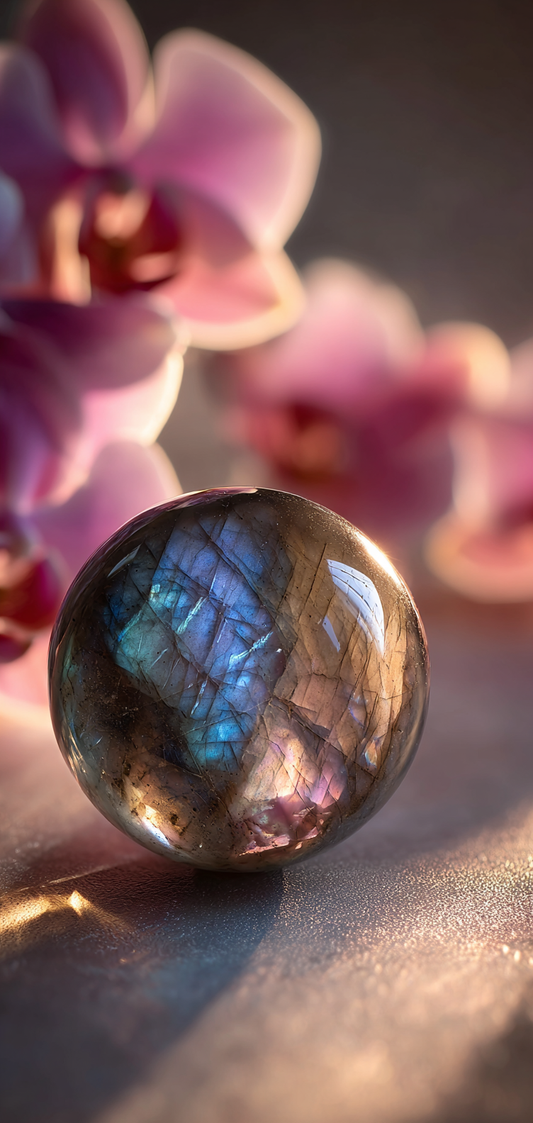 Labradorite Crystal Sphere and Orchids Wallpaper v1